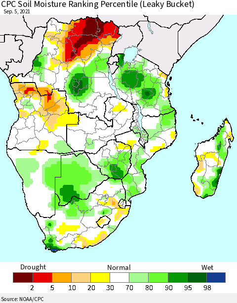 Southern Africa CPC Soil Moisture Ranking Percentile (Leaky Bucket) Thematic Map For 9/1/2021 - 9/5/2021