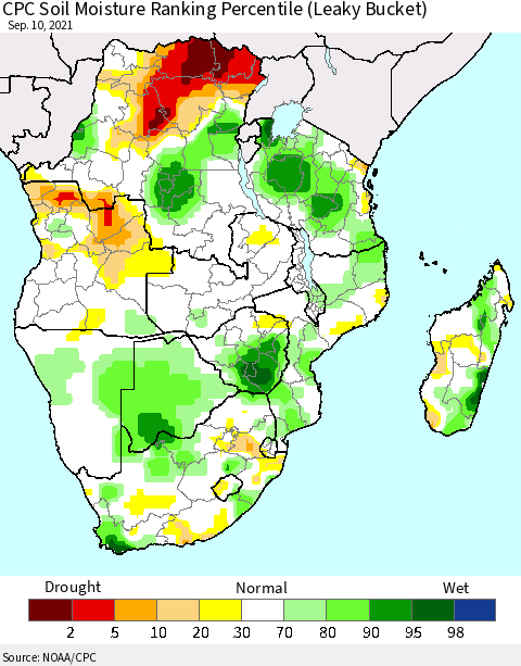 Southern Africa CPC Soil Moisture Ranking Percentile (Leaky Bucket) Thematic Map For 9/6/2021 - 9/10/2021