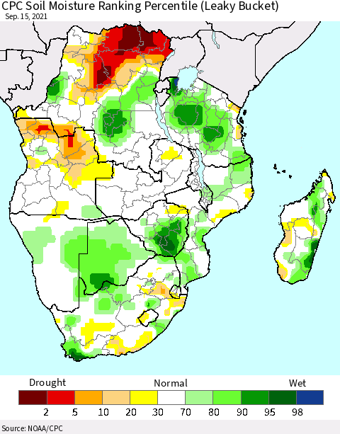 Southern Africa CPC Soil Moisture Ranking Percentile (Leaky Bucket) Thematic Map For 9/11/2021 - 9/15/2021