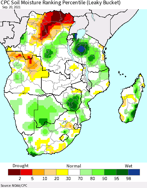 Southern Africa CPC Soil Moisture Ranking Percentile (Leaky Bucket) Thematic Map For 9/16/2021 - 9/20/2021