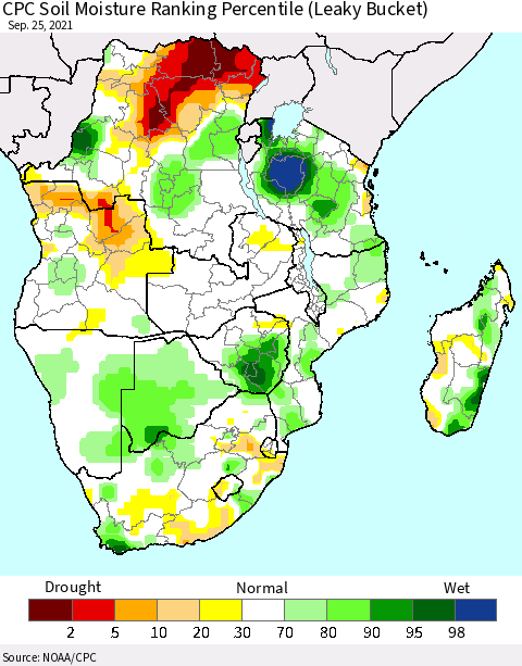 Southern Africa CPC Soil Moisture Ranking Percentile (Leaky Bucket) Thematic Map For 9/21/2021 - 9/25/2021