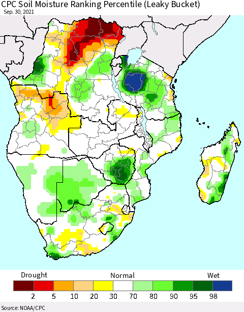 Southern Africa CPC Soil Moisture Ranking Percentile (Leaky Bucket) Thematic Map For 9/26/2021 - 9/30/2021