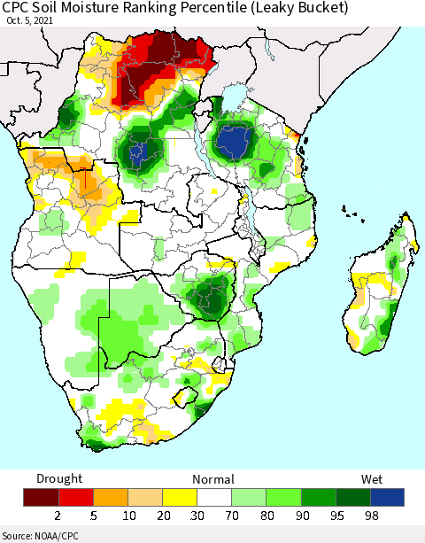 Southern Africa CPC Soil Moisture Ranking Percentile (Leaky Bucket) Thematic Map For 10/1/2021 - 10/5/2021