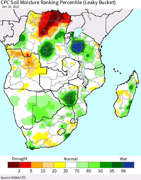 Southern Africa CPC Soil Moisture Ranking Percentile (Leaky Bucket) Thematic Map For 10/6/2021 - 10/10/2021