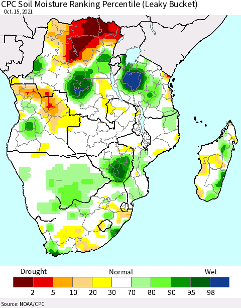 Southern Africa CPC Soil Moisture Ranking Percentile (Leaky Bucket) Thematic Map For 10/11/2021 - 10/15/2021