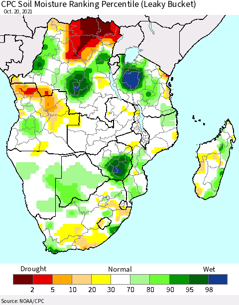 Southern Africa CPC Soil Moisture Ranking Percentile (Leaky Bucket) Thematic Map For 10/16/2021 - 10/20/2021