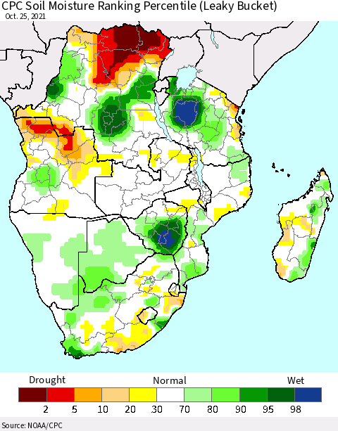 Southern Africa CPC Soil Moisture Ranking Percentile (Leaky Bucket) Thematic Map For 10/21/2021 - 10/25/2021