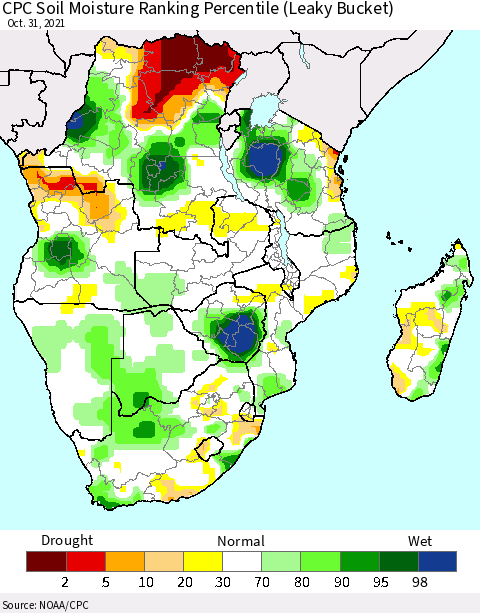 Southern Africa CPC Soil Moisture Ranking Percentile (Leaky Bucket) Thematic Map For 10/26/2021 - 10/31/2021