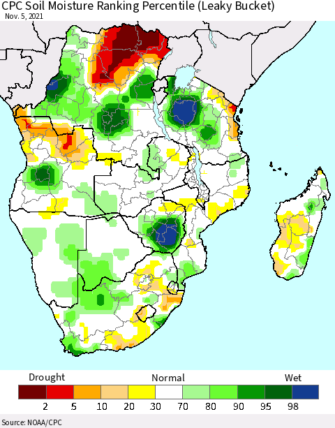 Southern Africa CPC Soil Moisture Ranking Percentile (Leaky Bucket) Thematic Map For 11/1/2021 - 11/5/2021
