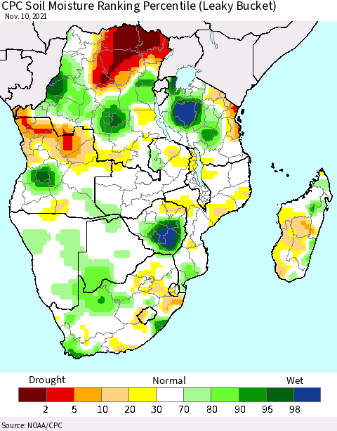 Southern Africa CPC Soil Moisture Ranking Percentile (Leaky Bucket) Thematic Map For 11/6/2021 - 11/10/2021