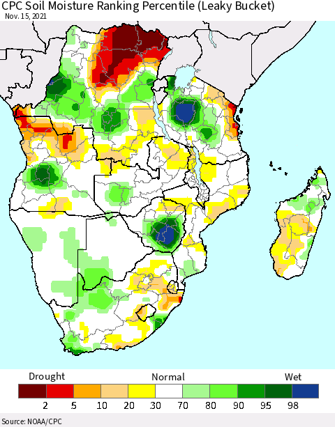 Southern Africa CPC Soil Moisture Ranking Percentile (Leaky Bucket) Thematic Map For 11/11/2021 - 11/15/2021