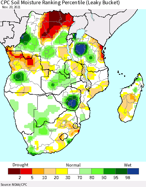 Southern Africa CPC Soil Moisture Ranking Percentile (Leaky Bucket) Thematic Map For 11/16/2021 - 11/20/2021