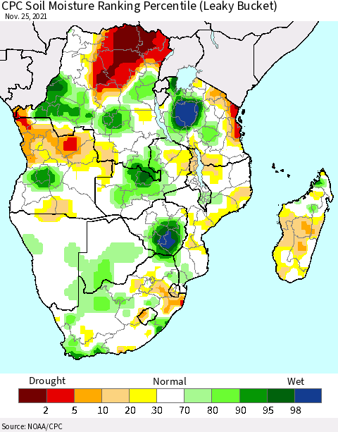 Southern Africa CPC Soil Moisture Ranking Percentile (Leaky Bucket) Thematic Map For 11/21/2021 - 11/25/2021