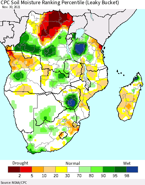 Southern Africa CPC Soil Moisture Ranking Percentile (Leaky Bucket) Thematic Map For 11/26/2021 - 11/30/2021