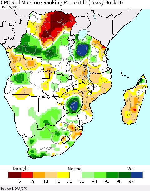 Southern Africa CPC Soil Moisture Ranking Percentile (Leaky Bucket) Thematic Map For 12/1/2021 - 12/5/2021