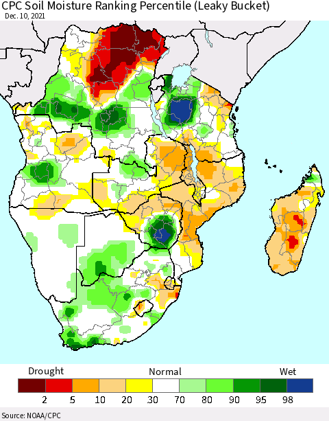Southern Africa CPC Soil Moisture Ranking Percentile (Leaky Bucket) Thematic Map For 12/6/2021 - 12/10/2021