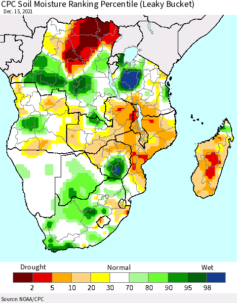 Southern Africa CPC Soil Moisture Ranking Percentile (Leaky Bucket) Thematic Map For 12/11/2021 - 12/15/2021