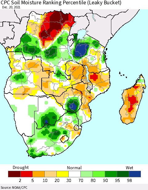 Southern Africa CPC Soil Moisture Ranking Percentile (Leaky Bucket) Thematic Map For 12/16/2021 - 12/20/2021