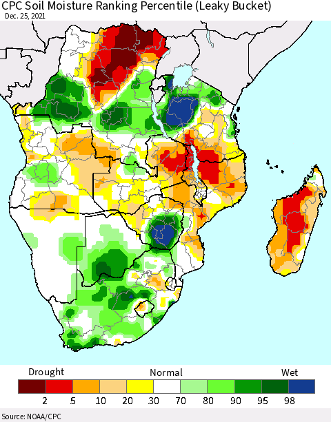 Southern Africa CPC Soil Moisture Ranking Percentile (Leaky Bucket) Thematic Map For 12/21/2021 - 12/25/2021