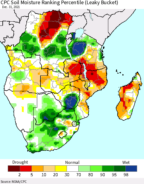 Southern Africa CPC Soil Moisture Ranking Percentile (Leaky Bucket) Thematic Map For 12/26/2021 - 12/31/2021
