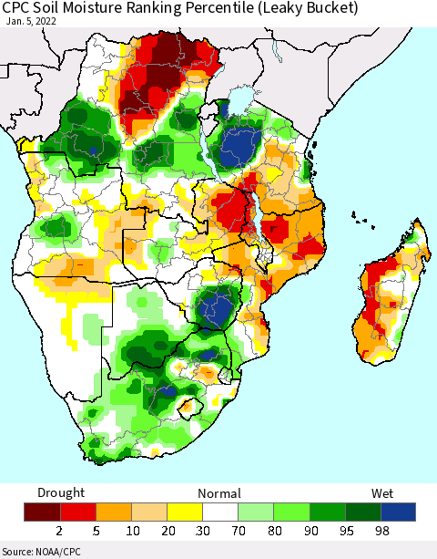 Southern Africa CPC Soil Moisture Ranking Percentile (Leaky Bucket) Thematic Map For 1/1/2022 - 1/5/2022