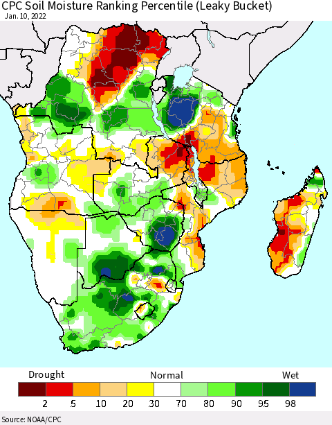 Southern Africa CPC Soil Moisture Ranking Percentile (Leaky Bucket) Thematic Map For 1/6/2022 - 1/10/2022