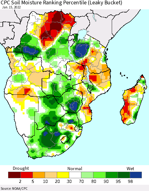 Southern Africa CPC Soil Moisture Ranking Percentile (Leaky Bucket) Thematic Map For 1/11/2022 - 1/15/2022