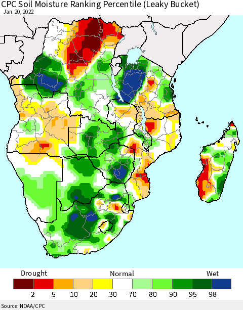 Southern Africa CPC Soil Moisture Ranking Percentile (Leaky Bucket) Thematic Map For 1/16/2022 - 1/20/2022