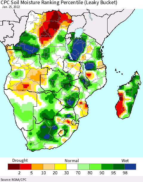 Southern Africa CPC Soil Moisture Ranking Percentile (Leaky Bucket) Thematic Map For 1/21/2022 - 1/25/2022