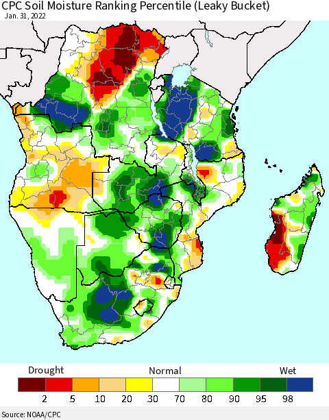 Southern Africa CPC Soil Moisture Ranking Percentile (Leaky Bucket) Thematic Map For 1/26/2022 - 1/31/2022