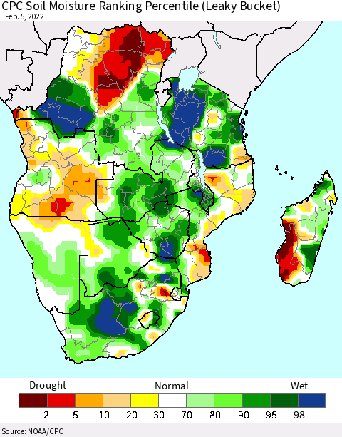 Southern Africa CPC Soil Moisture Ranking Percentile (Leaky Bucket) Thematic Map For 2/1/2022 - 2/5/2022