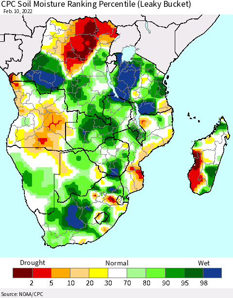 Southern Africa CPC Soil Moisture Ranking Percentile (Leaky Bucket) Thematic Map For 2/6/2022 - 2/10/2022