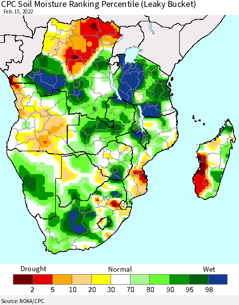 Southern Africa CPC Soil Moisture Ranking Percentile (Leaky Bucket) Thematic Map For 2/11/2022 - 2/15/2022