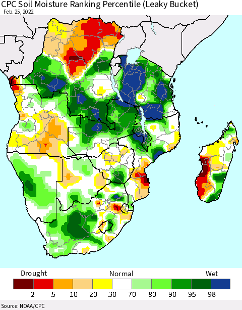 Southern Africa CPC Soil Moisture Ranking Percentile (Leaky Bucket) Thematic Map For 2/21/2022 - 2/25/2022