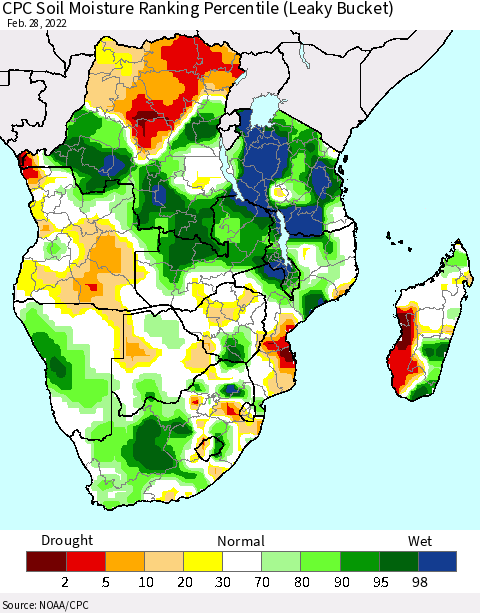 Southern Africa CPC Soil Moisture Ranking Percentile (Leaky Bucket) Thematic Map For 2/26/2022 - 2/28/2022