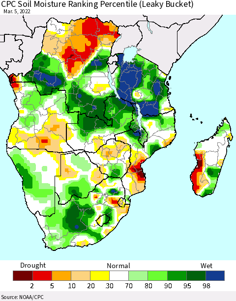 Southern Africa CPC Soil Moisture Ranking Percentile (Leaky Bucket) Thematic Map For 3/1/2022 - 3/5/2022