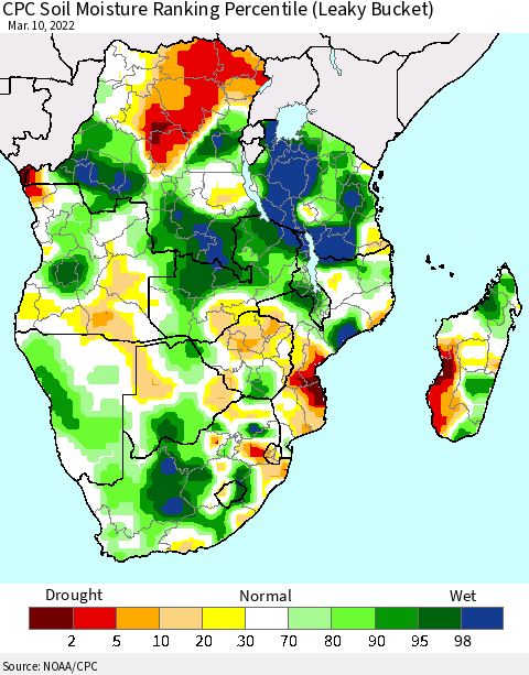 Southern Africa CPC Soil Moisture Ranking Percentile (Leaky Bucket) Thematic Map For 3/6/2022 - 3/10/2022