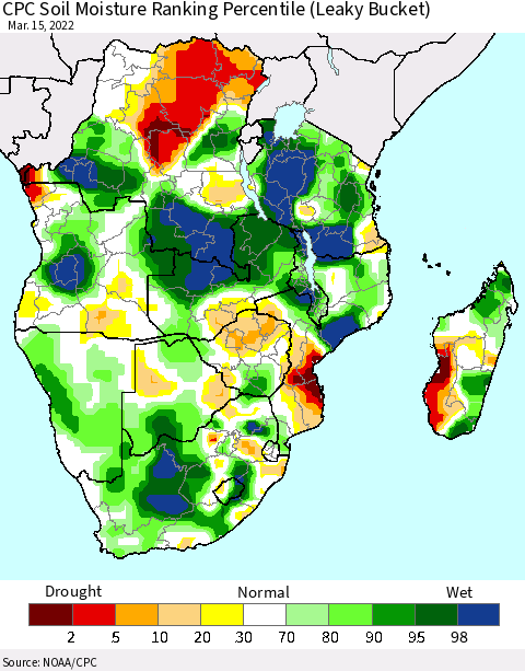 Southern Africa CPC Soil Moisture Ranking Percentile (Leaky Bucket) Thematic Map For 3/11/2022 - 3/15/2022