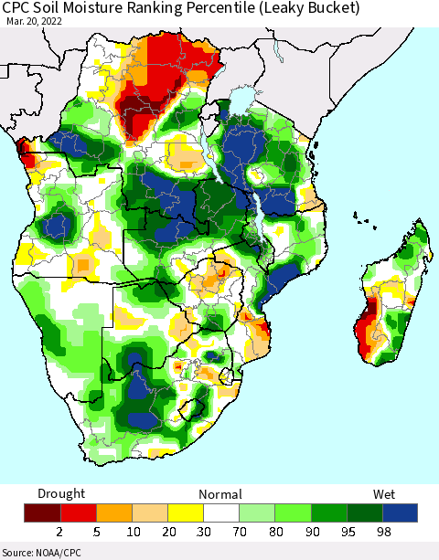 Southern Africa CPC Soil Moisture Ranking Percentile (Leaky Bucket) Thematic Map For 3/16/2022 - 3/20/2022