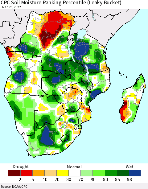 Southern Africa CPC Soil Moisture Ranking Percentile (Leaky Bucket) Thematic Map For 3/21/2022 - 3/25/2022