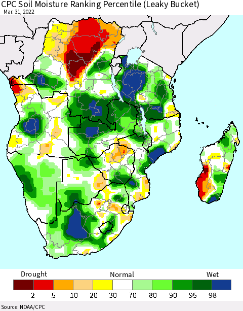 Southern Africa CPC Soil Moisture Ranking Percentile (Leaky Bucket) Thematic Map For 3/26/2022 - 3/31/2022