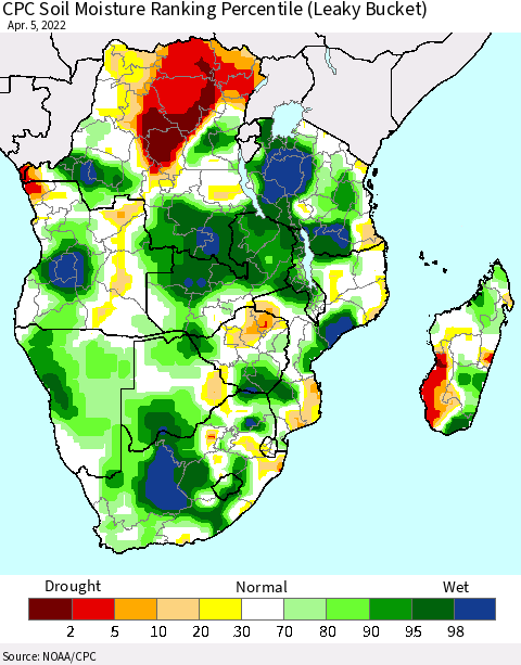 Southern Africa CPC Soil Moisture Ranking Percentile (Leaky Bucket) Thematic Map For 4/1/2022 - 4/5/2022