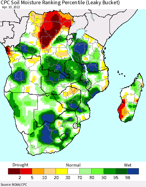 Southern Africa CPC Soil Moisture Ranking Percentile (Leaky Bucket) Thematic Map For 4/6/2022 - 4/10/2022
