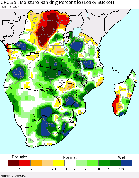 Southern Africa CPC Soil Moisture Ranking Percentile (Leaky Bucket) Thematic Map For 4/11/2022 - 4/15/2022