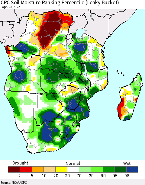 Southern Africa CPC Soil Moisture Ranking Percentile (Leaky Bucket) Thematic Map For 4/16/2022 - 4/20/2022