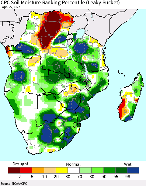 Southern Africa CPC Soil Moisture Ranking Percentile (Leaky Bucket) Thematic Map For 4/21/2022 - 4/25/2022