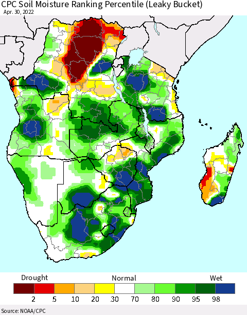 Southern Africa CPC Soil Moisture Ranking Percentile (Leaky Bucket) Thematic Map For 4/26/2022 - 4/30/2022