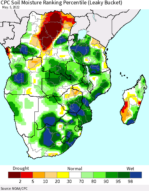 Southern Africa CPC Soil Moisture Ranking Percentile (Leaky Bucket) Thematic Map For 5/1/2022 - 5/5/2022