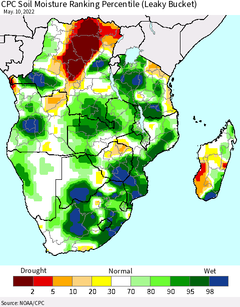 Southern Africa CPC Soil Moisture Ranking Percentile (Leaky Bucket) Thematic Map For 5/6/2022 - 5/10/2022