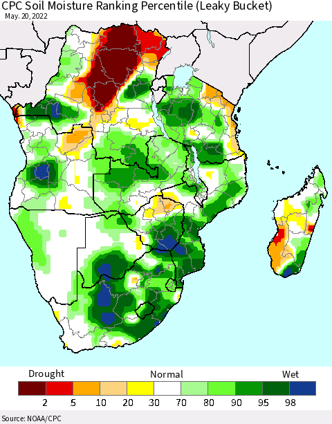 Southern Africa CPC Soil Moisture Ranking Percentile (Leaky Bucket) Thematic Map For 5/16/2022 - 5/20/2022